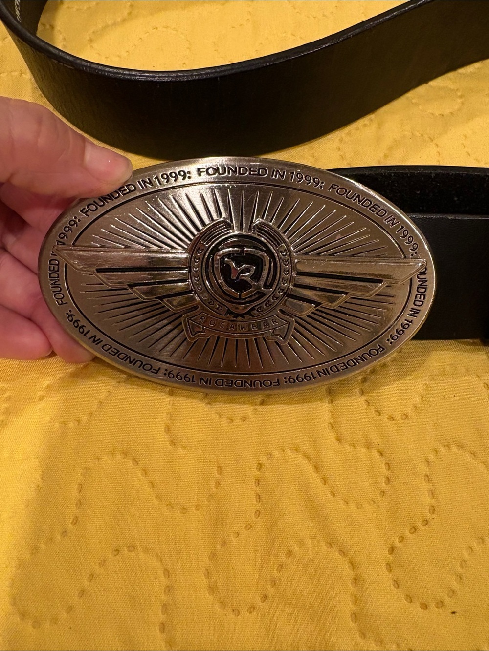 Vintage Black Belt with Silver Oval Emblem Buckle
